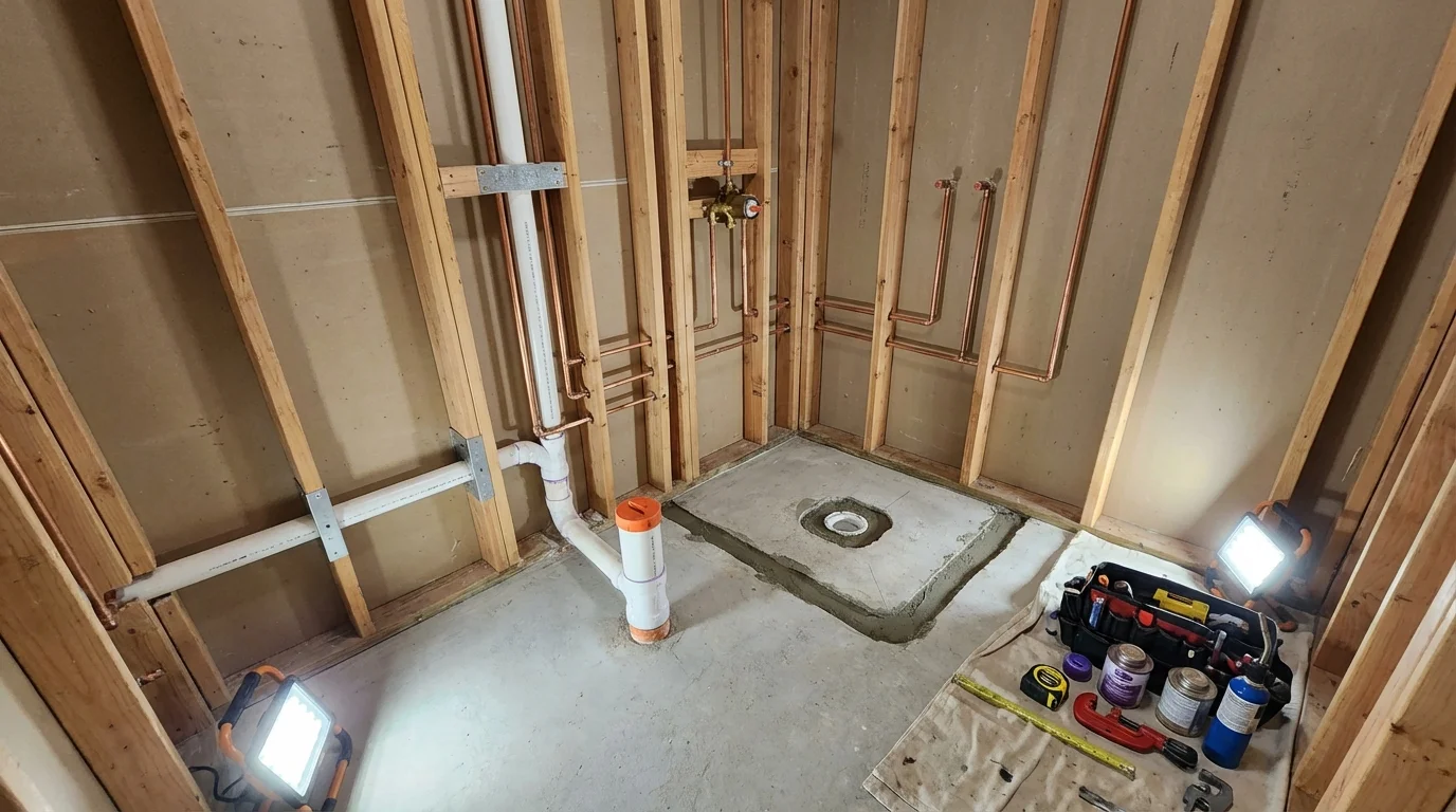 Bathroom rough-in plumbing during remodel by Johns Plumbing LLC in West Long Branch