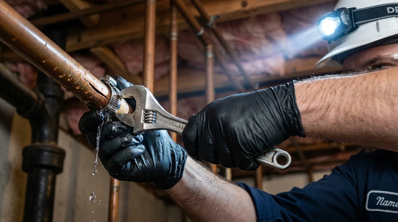 Emergency pipe clamp repair being performed by a Johns Plumbing LLC plumber in West Long Branch