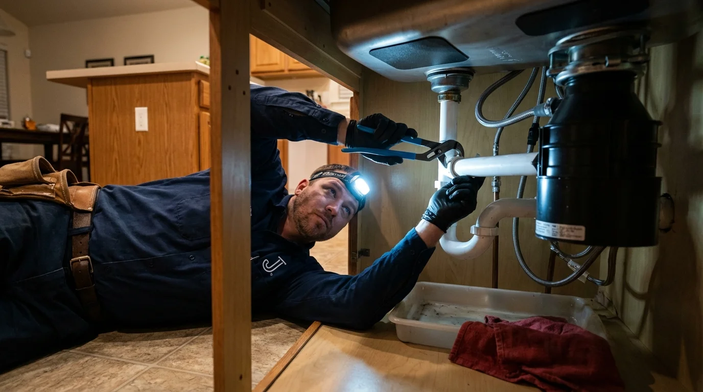 P-trap and supply line connections under a kitchen sink showing a common leak point in West Long Branch, NJ